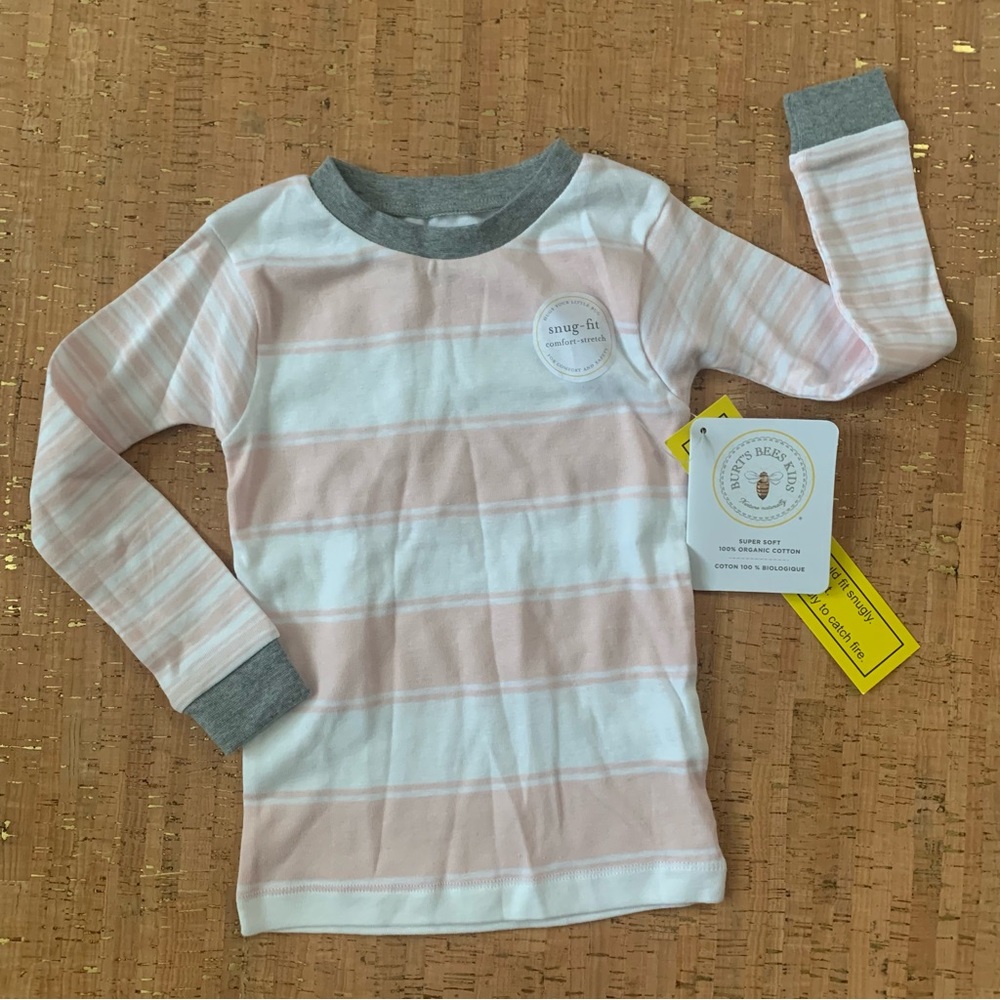 Bert Bees Kids Long Sleeve Pajama Top Girls 2T Pink Gray Stripe Cotton Shirt